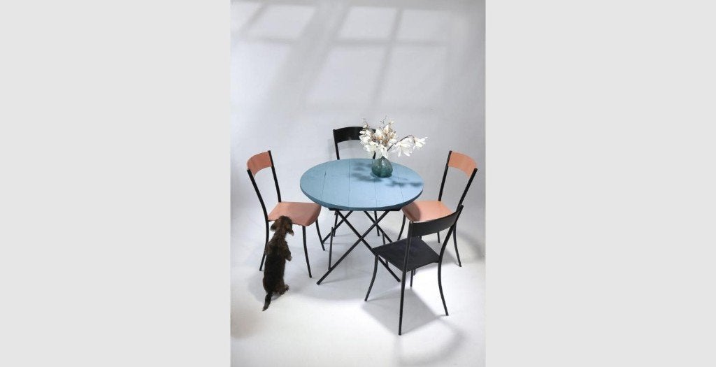 Franse Stijl Ronde Klaptafel Bistro Terrastafel Vaalblauw, Ophalen, Minder dan 55 cm, Gebruikt, Rond