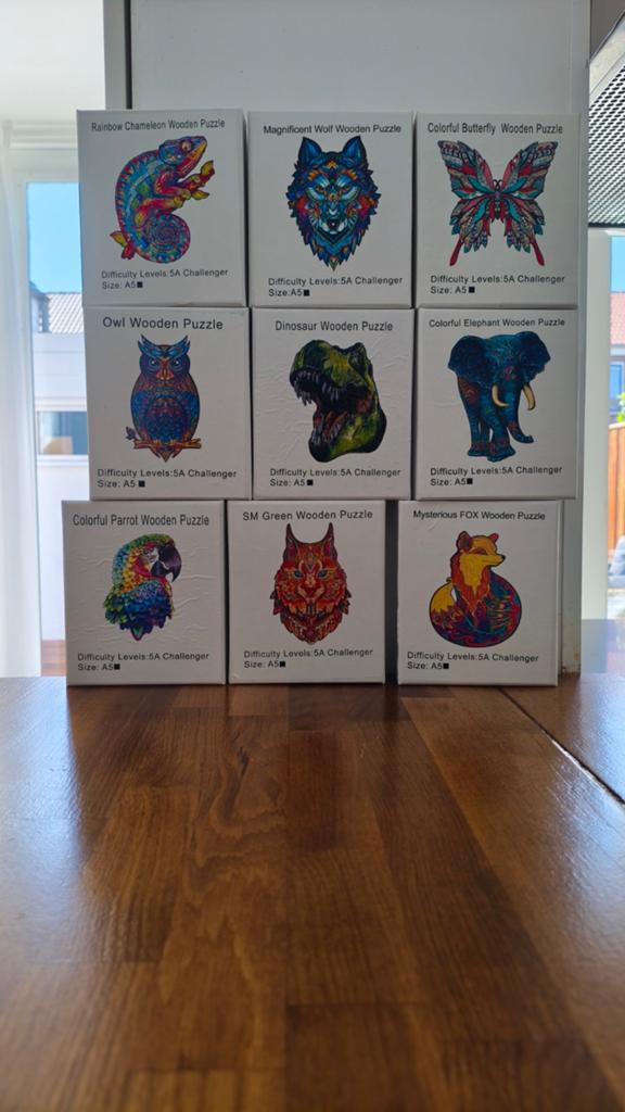 Nieuwe collectie van 9 A5 houten puzzels - diverse designs, Hobby en Vrije tijd, Denksport en Puzzels, Ophalen of Verzenden, Minder dan 500 stukjes