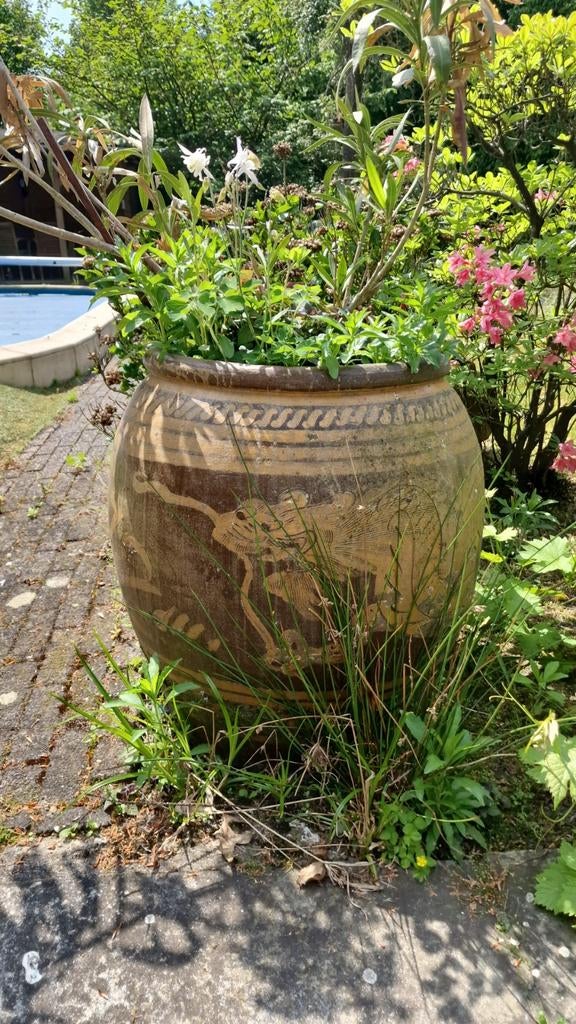 Mooie terraspot met planten 68 hoog 60 breed, Tuin en Terras, Bloempotten, Ophalen, Rond, Aardewerk, Minder dan 25 cm