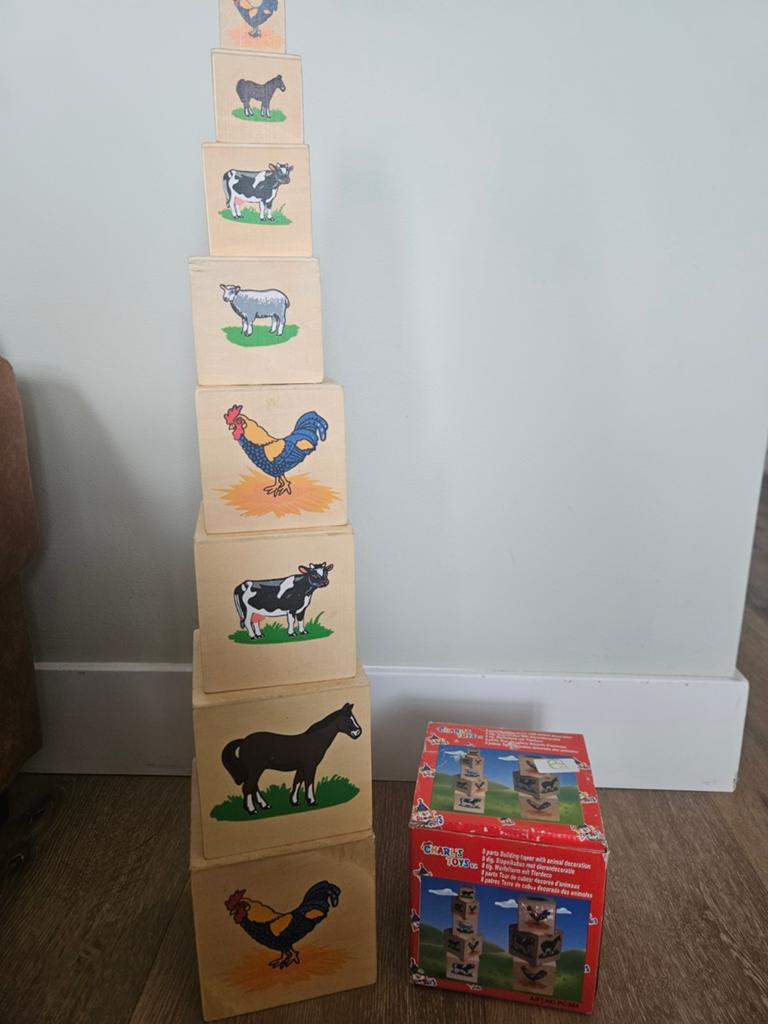 Vintage Stapeltoren met boerderijdieren - Houten blokken, Ophalen of Verzenden, Gebruikt, Overige merken