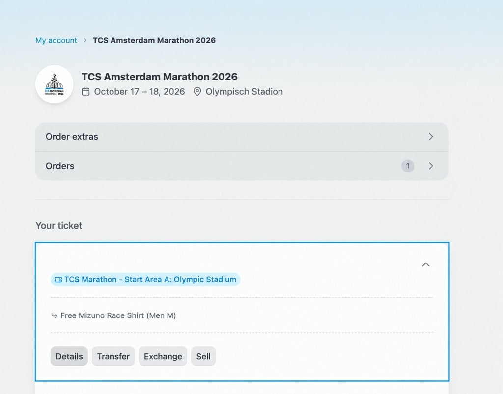 Startbewijs TCS Amsterdam Marathon 2026 | 42,2 km | vak A, Eén persoon
