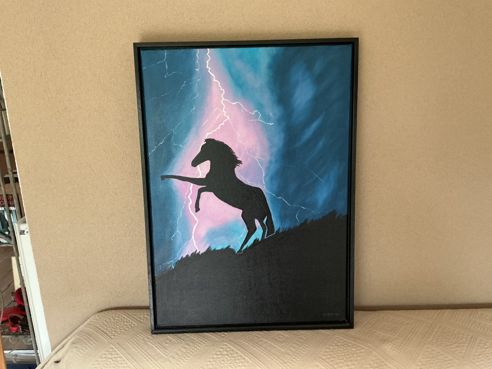 Olieverf schilderij paard in bliksem nick v d burgh, Ophalen of Verzenden, Dieren, Overige materialen, Ophangklaar