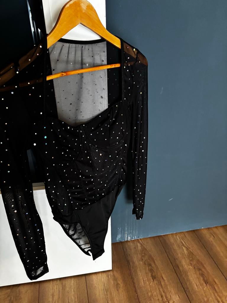 Festival Zwarte Body Stocking Mesh Glitter Cup M, Maat 38/40 (M), Zwart, Nieuw, Ophalen of Verzenden