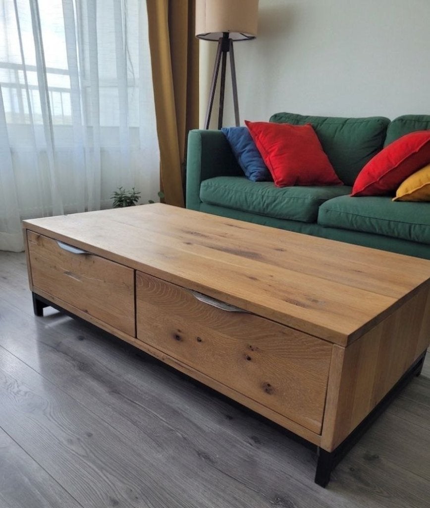 Goossens Salontafel Max Eiken met 2 Laden – 125x65 cm, Ophalen, 100 tot 150 cm, Eikenhout, 50 tot 100 cm