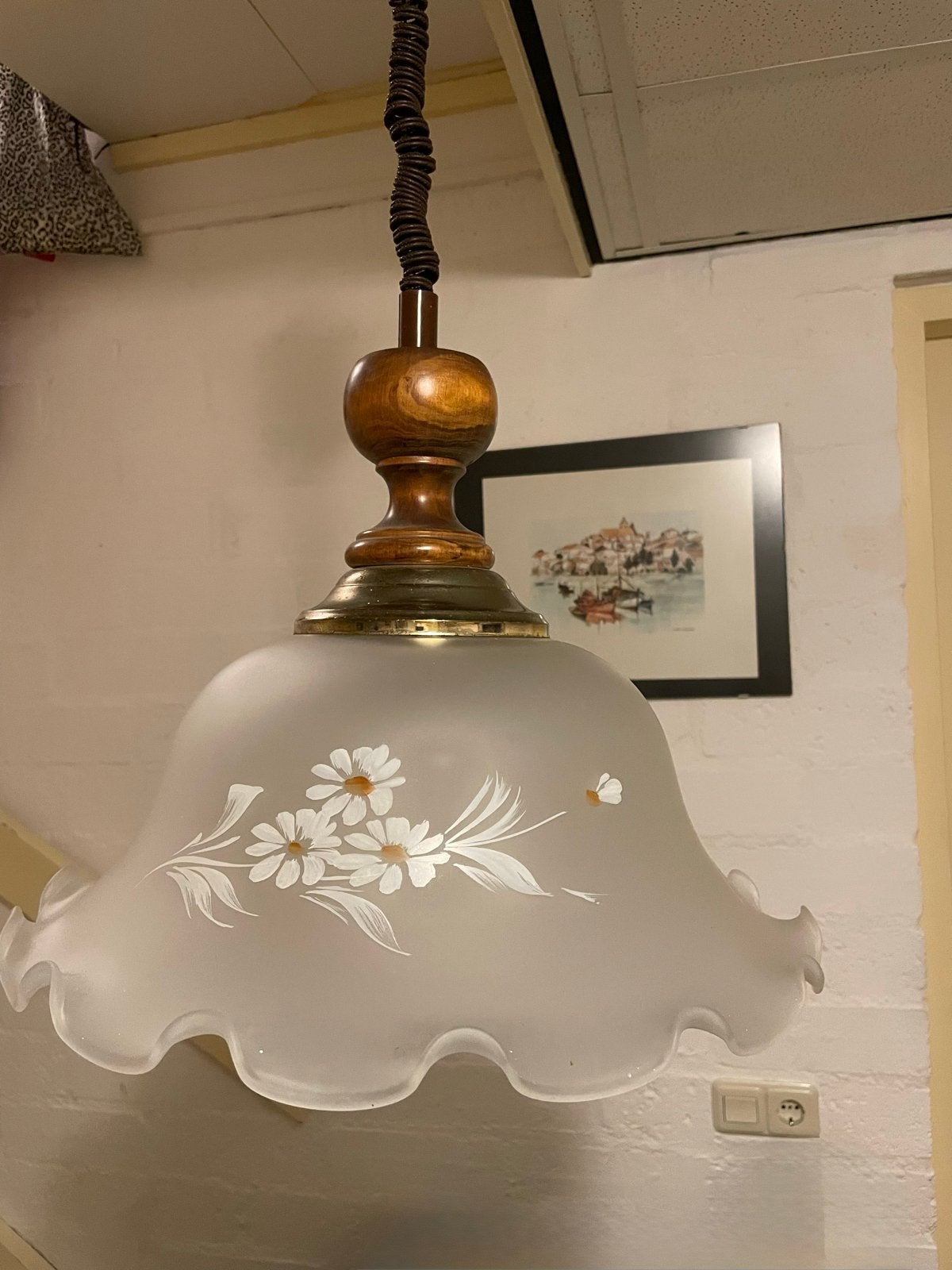 Vintage hanglamp met trekpendel en matglazen globe, Ophalen, Gebruikt, Vintage, E27 (groot)