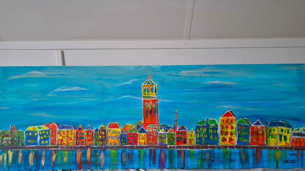 Mega grote skyline van Deventer, Antiek en Kunst, Kunst | Schilderijen | Modern, Ophalen, Acrylverf, Gesigneerd, Stadsgezicht