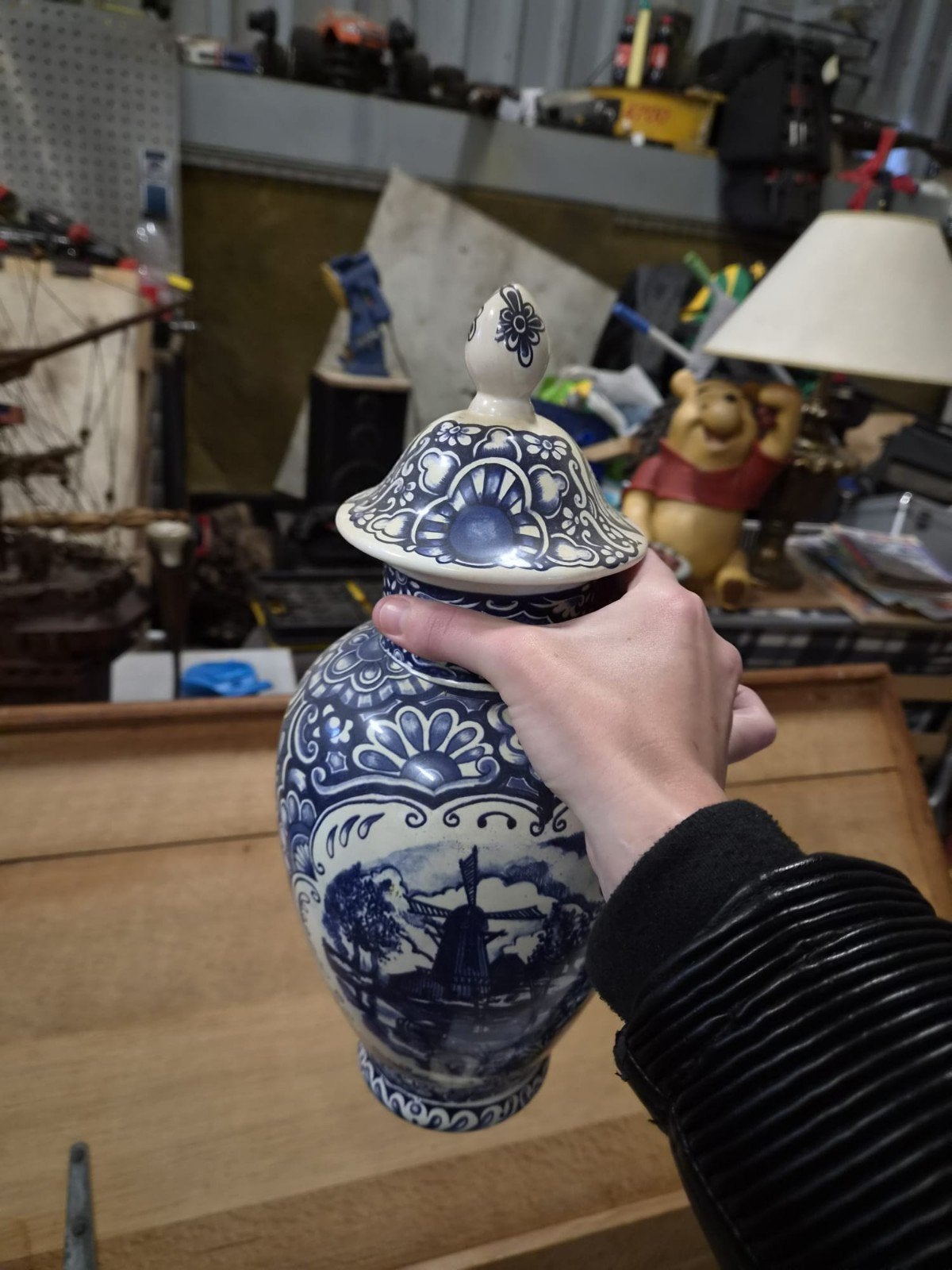 Delfts Blauwe vaas met deksel - Molen decoratie, Ophalen