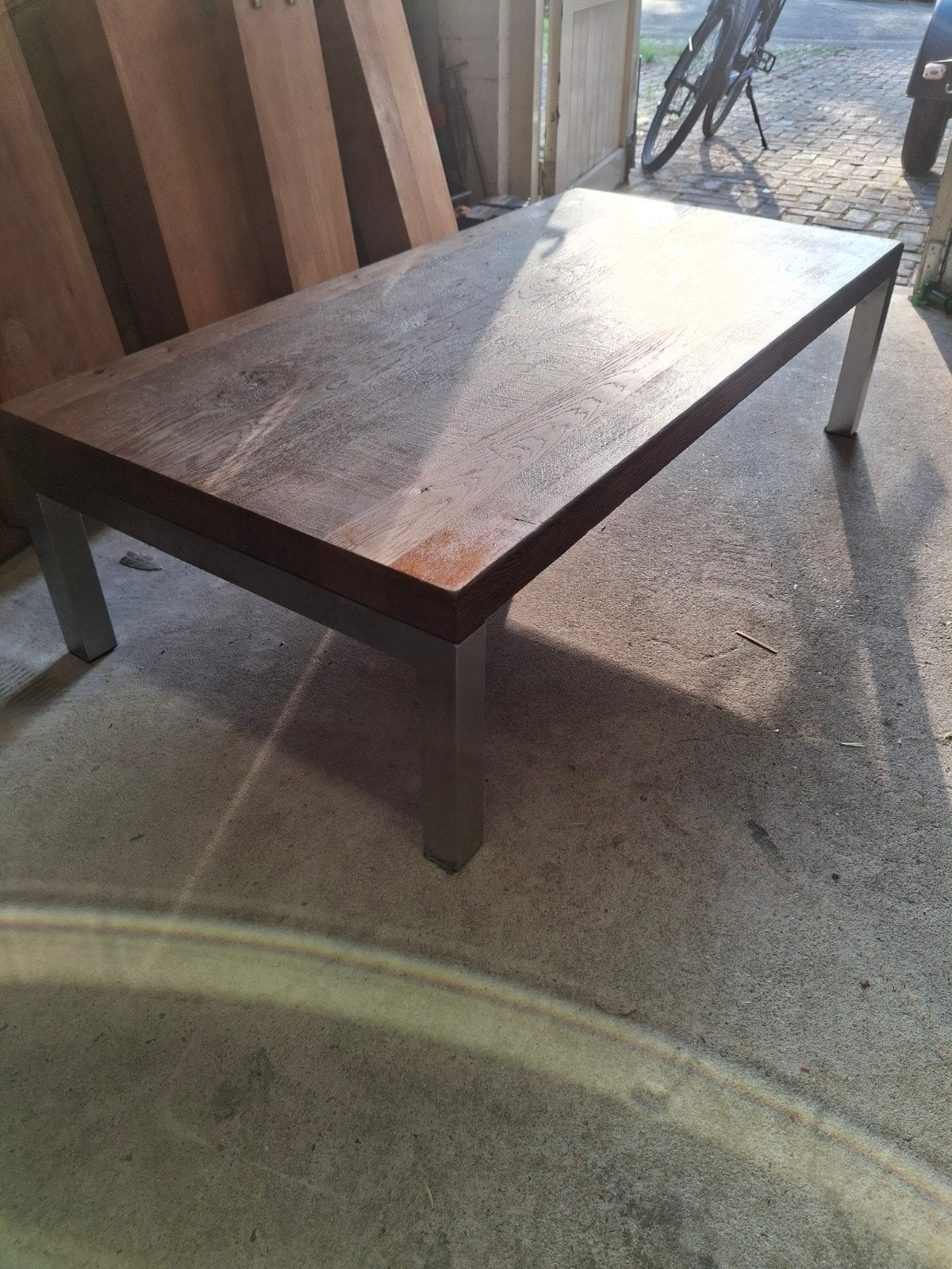 Eikenhouten blad met RVS onderstel - 140x70x28 cm, Ophalen, 100 tot 150 cm, 50 tot 100 cm, Zo goed als nieuw
