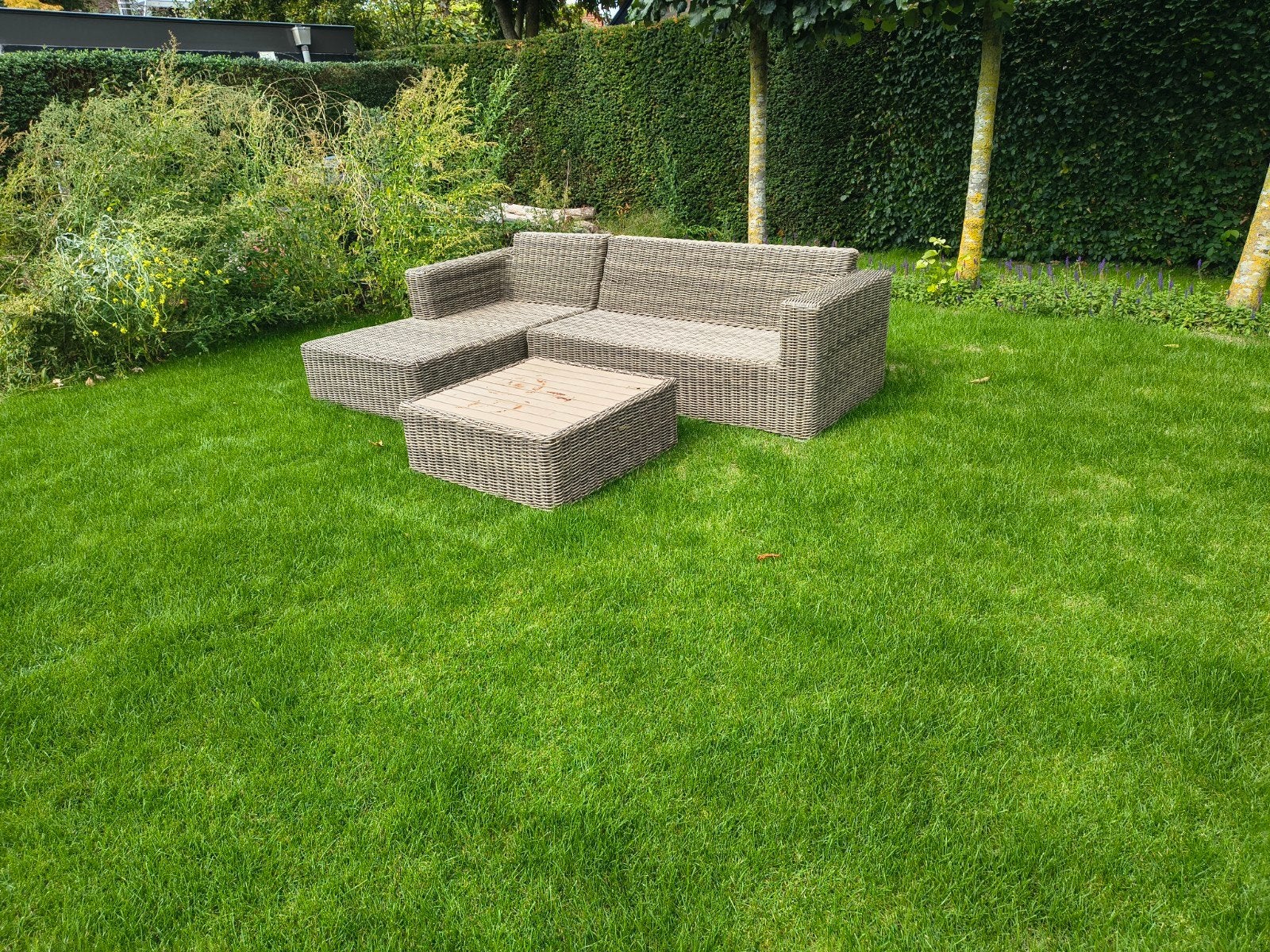 Wicker loungeset met chaise longue en salontafel, Tuin en Terras, Ophalen, Gebruikt, 3 zitplaatsen, Bank