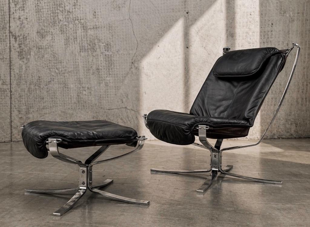 Falcon Lounge Chair & Ottoman, Sigurd Resell, Chrome, 1970s, Ophalen, -, Leer, Zo goed als nieuw