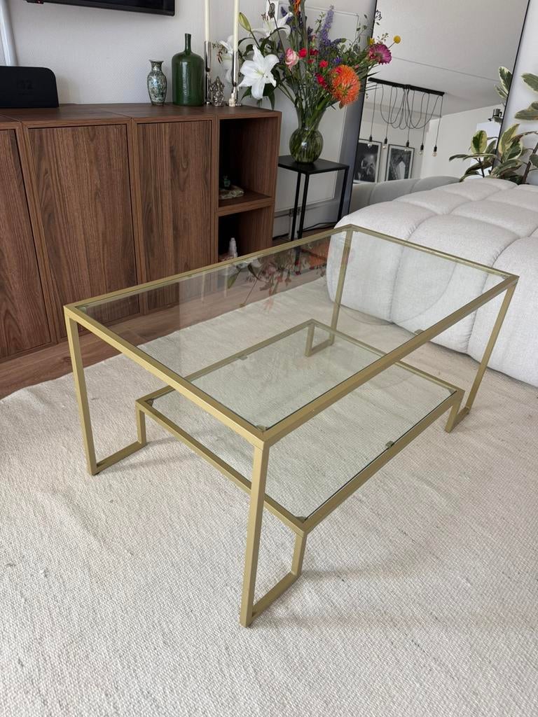 Salontafel glas & goud, Rond, Minder dan 50 cm, 50 tot 100 cm, Ophalen of Verzenden