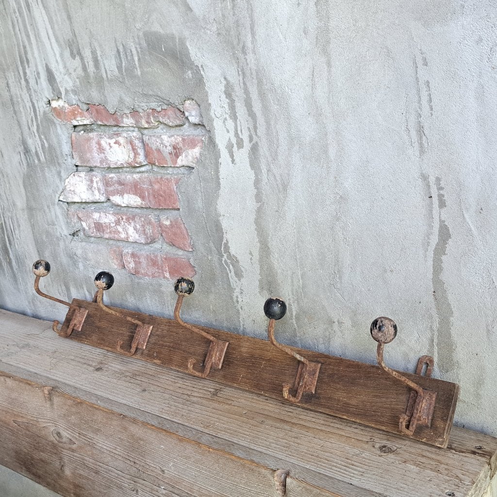 Brocante oude Franse houten kapstok met 5 haken *Etage3*, Gebruikt, ., Ophalen of Verzenden, .