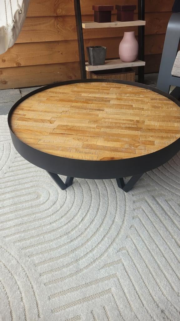 Stijlvolle ronde voorkamertafel met houten blad, Gebruikt, 50 tot 100 cm, Rond, Industrieel, Modern