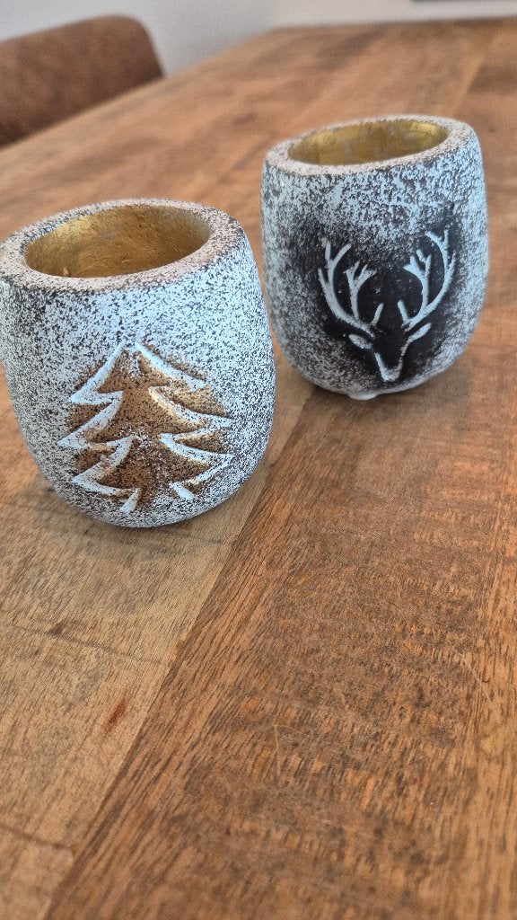 Set van 2 kerst theelichthouders boom & hert, 7 cm, Overige merken, Waxinelichthouder, Ophalen of Verzenden