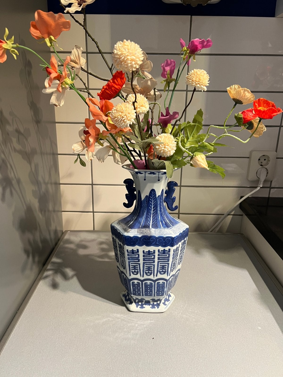 Chinese Blauw-Witte Porseleinen Vaas - Zeshoekig, 31cm, Antiek en Kunst, Ophalen of Verzenden