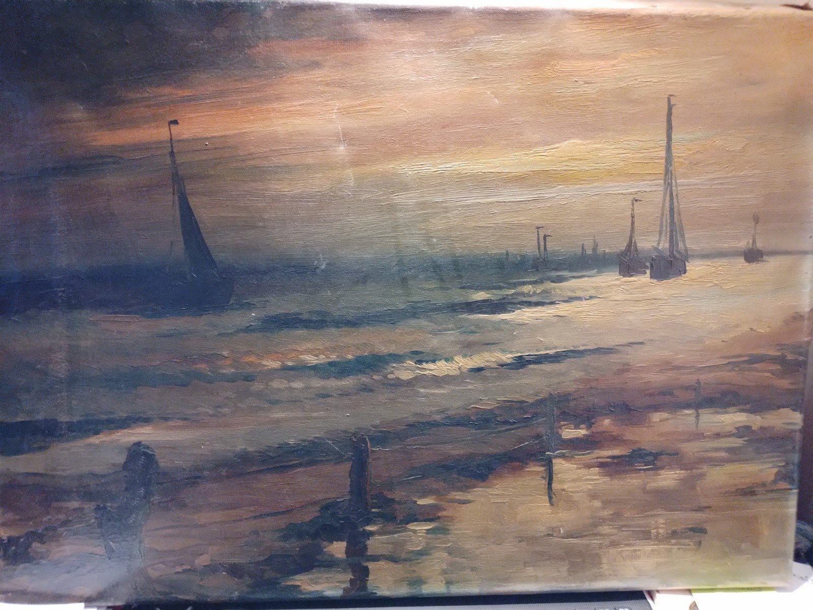 oude olieverfschilderij op doek met boten gesigneerd, Antiek en Kunst, Ophalen of Verzenden