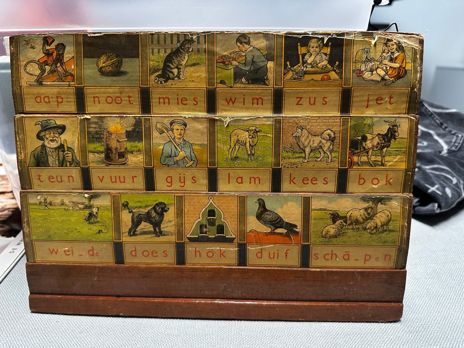 Vintage Houten Leesplank Aap Noot Mies - Antiek Educatief, Antiek en Kunst, Antiek | Schoolplaten, Ophalen of Verzenden
