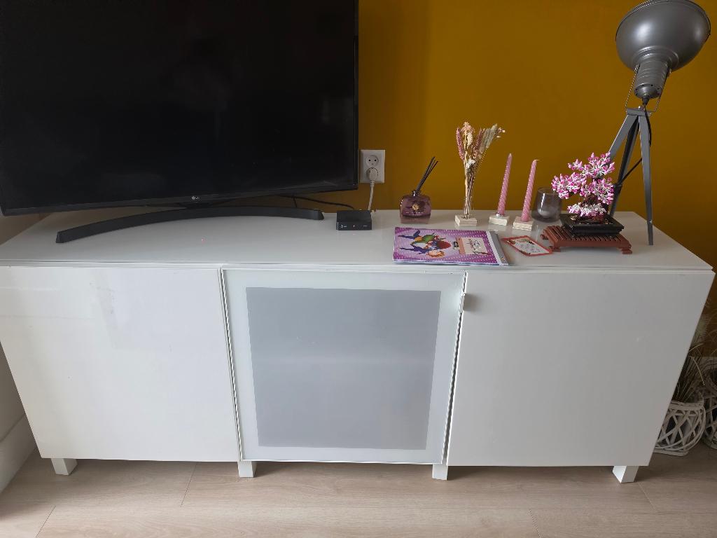 Besta TV kast, wit met glasplaat, 180x42x75, Ophalen, Gebruikt, 150 tot 200 cm, Glas