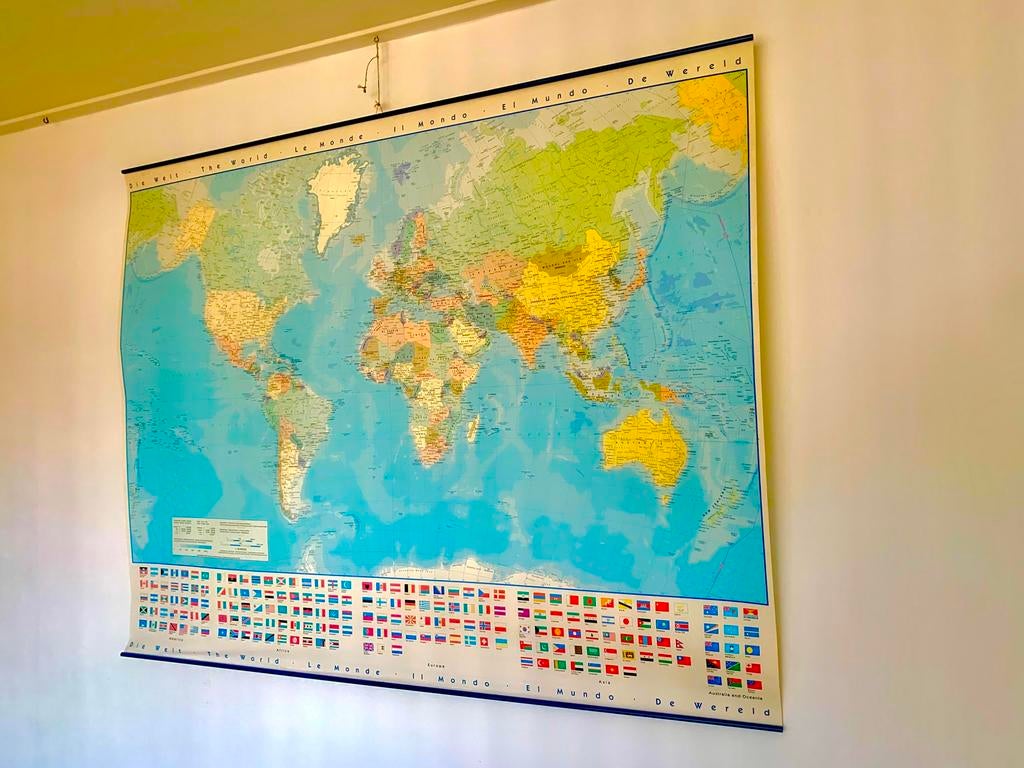 Grote wereld wandkaart,wereldwandkaart, Ophalen of Verzenden, Zo goed als nieuw, Wereld, Landkaart