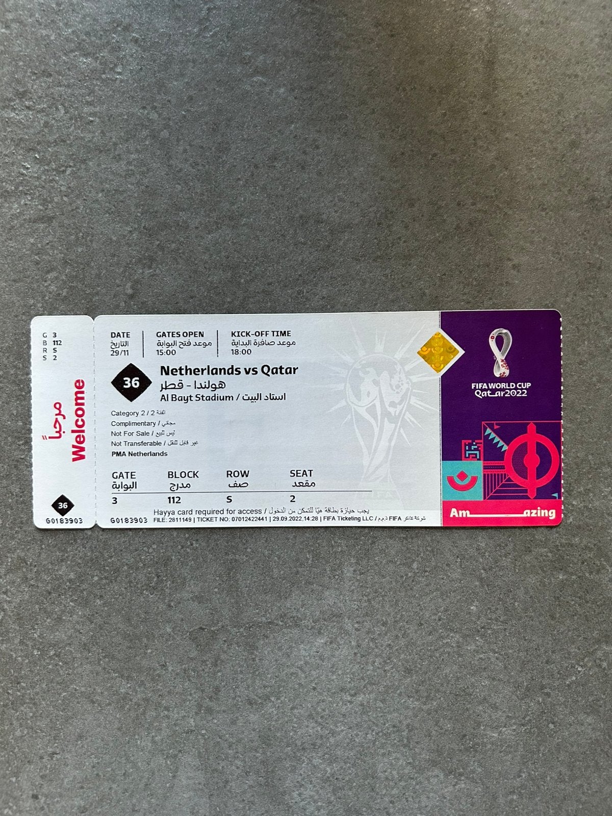 Nederland - Qatar ticket, Verzamelen, Sportartikelen en Voetbal, Ophalen of Verzenden, Overige binnenlandse clubs, Overige typen