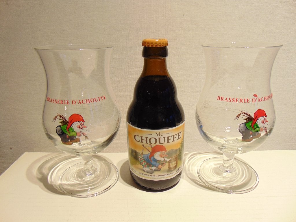 2 Chouffe glazen met een flesje Couffe, Verzamelen, Ophalen of Verzenden, Zo goed als nieuw, Glas of Glazen, Overige merken