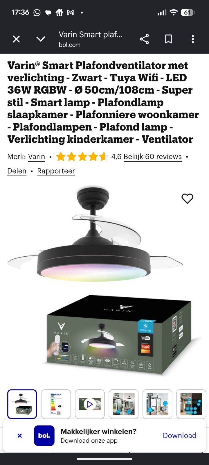 Nieuwe Varin Smart Plafondventilator met verlichting - Zwart, Ophalen, Nieuw