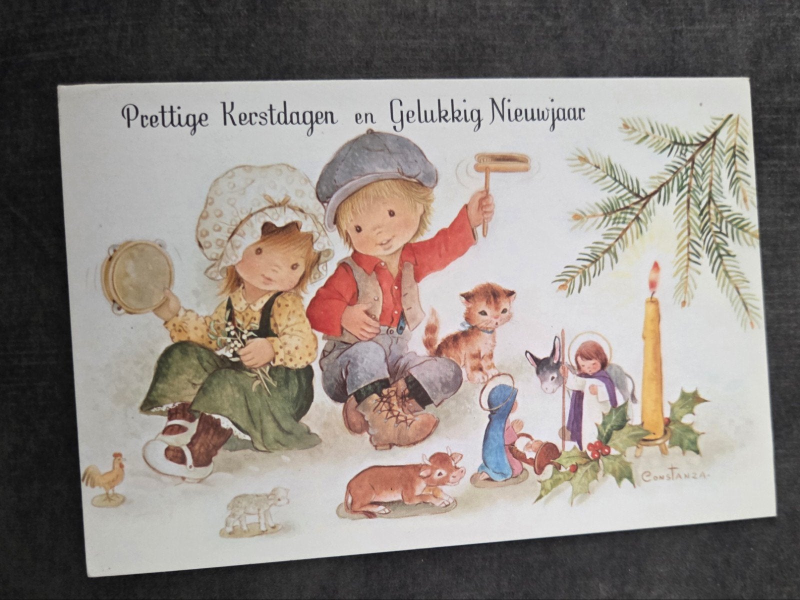 Vintage Kerstkaart - Kinderen en kerststal, Verzenden, 1960 tot 1980, Gelopen, Feest(dag)