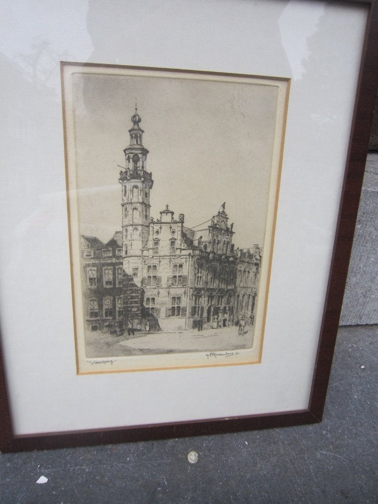 H.E.ROODENBURG, (P.ScheenMooie ets v/h Oude Haagse Stadhuis, Ophalen of Verzenden, Ets