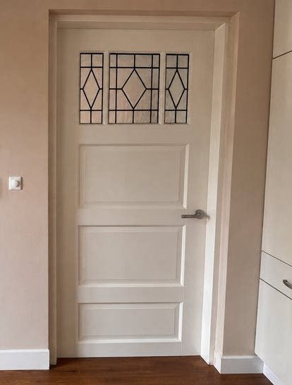 1 opdekdeur met glas in lood (200x83 cm), Doe-het-zelf en Verbouw, Deuren en Horren, Ophalen, Gebruikt, 80 tot 100 cm, Binnendeur