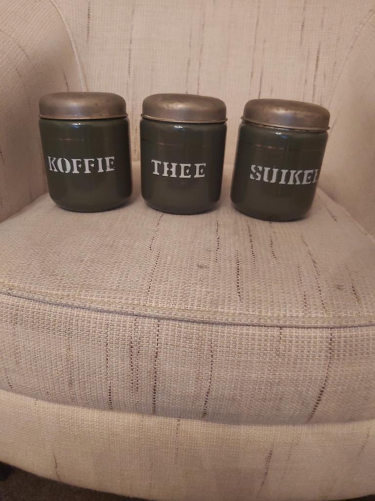 Voorraad blikken koffie thee en suiker groene gouden bies, Ophalen of Verzenden