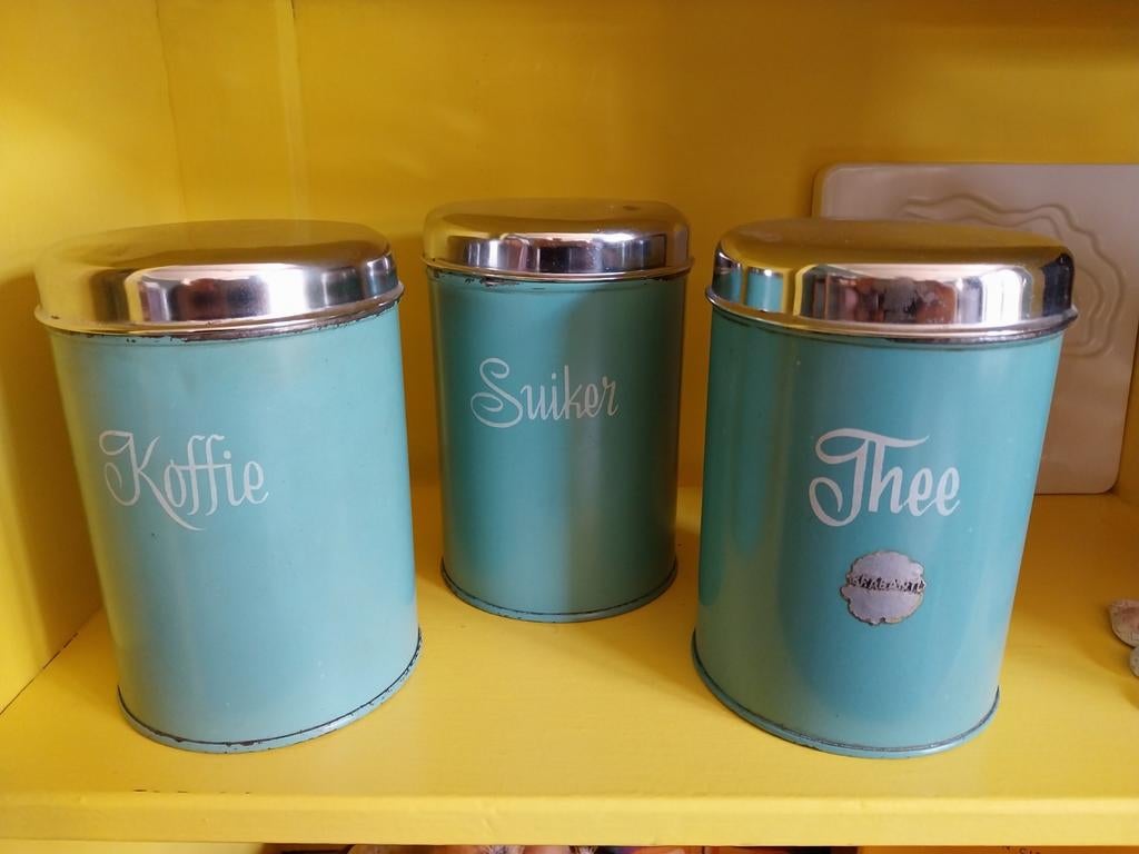 Mooie vintage koffie,thee en suiker blikken, Ophalen of Verzenden