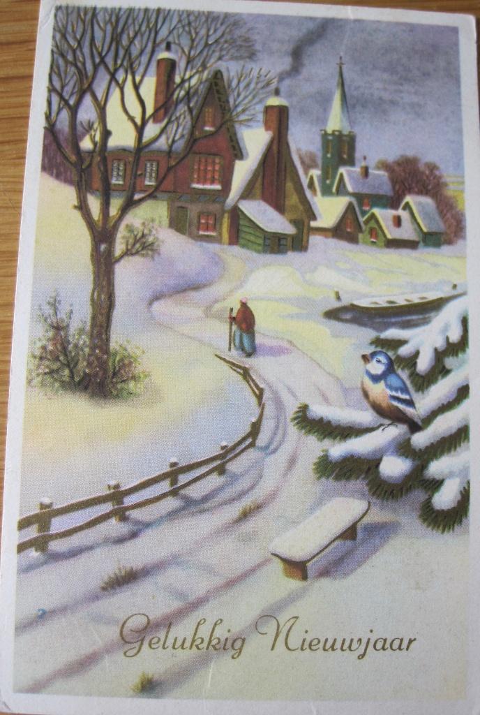 Gelukkig nieuwjaar - vrouw loopt naar dorp in de sneeuw, Verzenden, 1960 tot 1980, Gelopen, Overige thema's