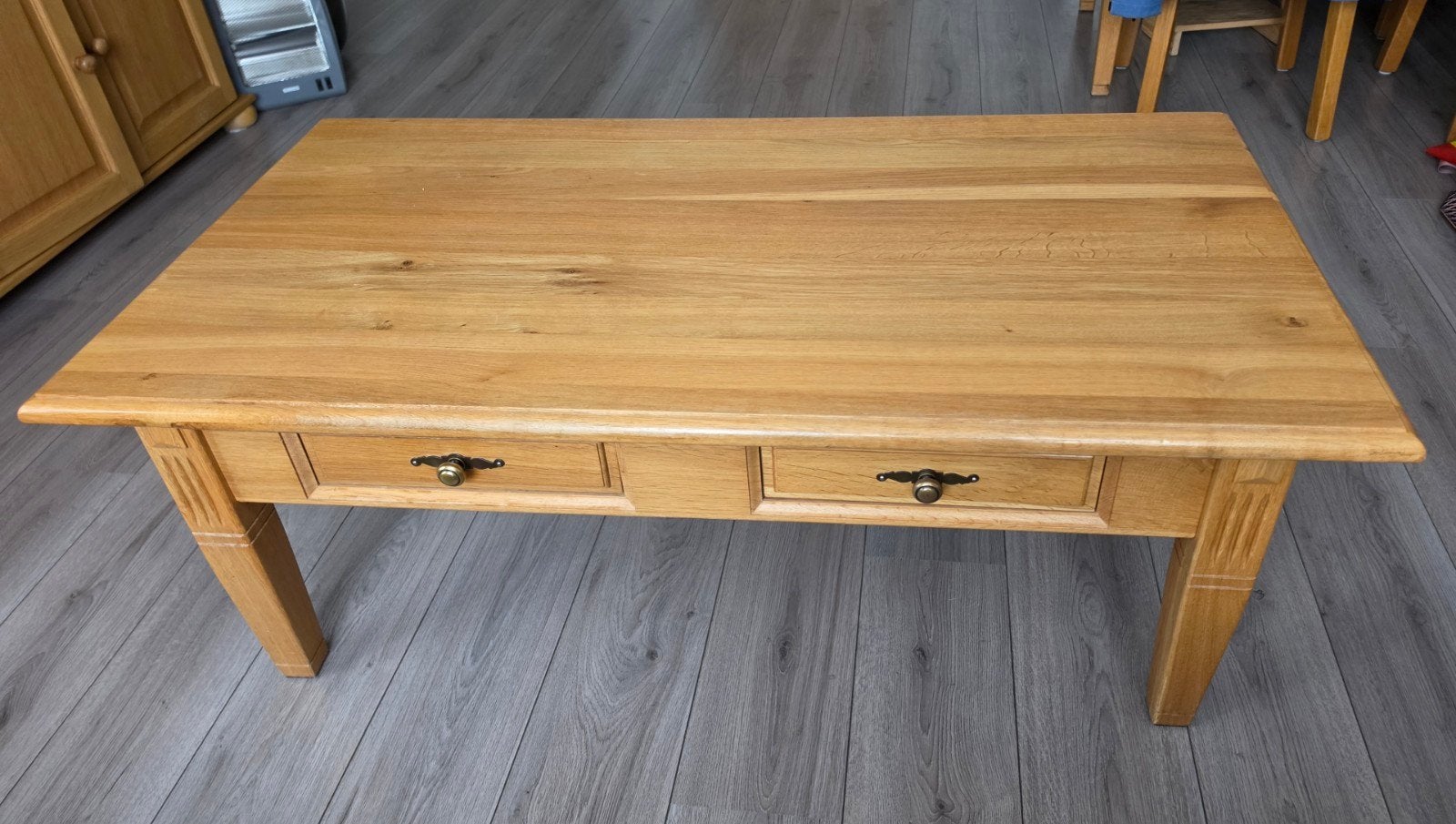 Massief eiken salontafel met lades (130x70cm), Huis en Inrichting, Ophalen, 100 tot 150 cm, Eikenhout, 50 tot 100 cm