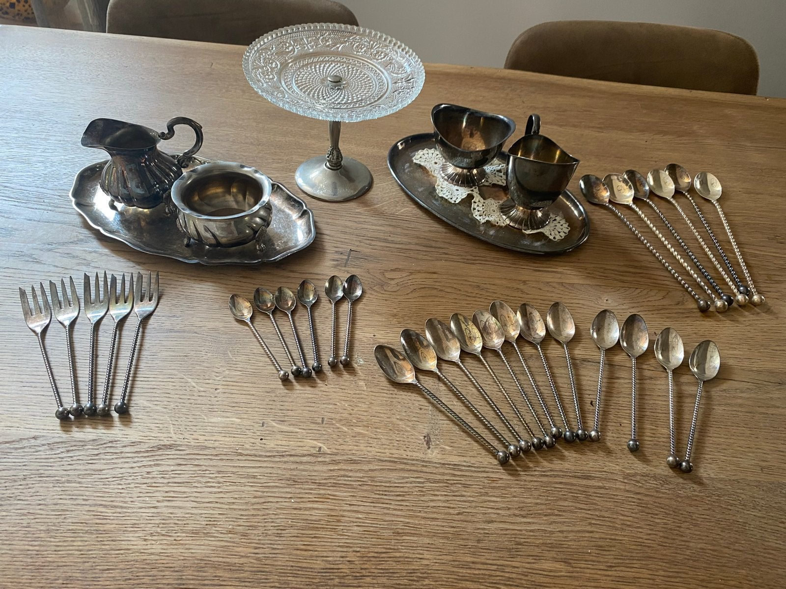 Douwe Egberts set, lepeltjes, vorkjes, melk en suiker set, Antiek en Kunst, Ophalen of Verzenden, Zilver