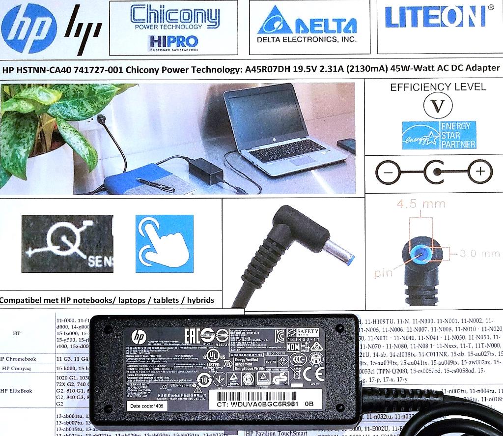 HP 741727-001 19.5V 2.31A 45W Adapter Lader Oplader Kabel, Ophalen of Verzenden, Zo goed als nieuw, Hewlett Packard HP