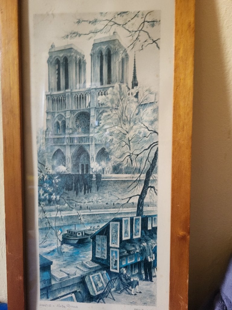 Vintage ingelijste prent Parijs Notre-Dame Seine Frankrijk, Achter glas, Ophalen of Verzenden, Tekening, Klassiek