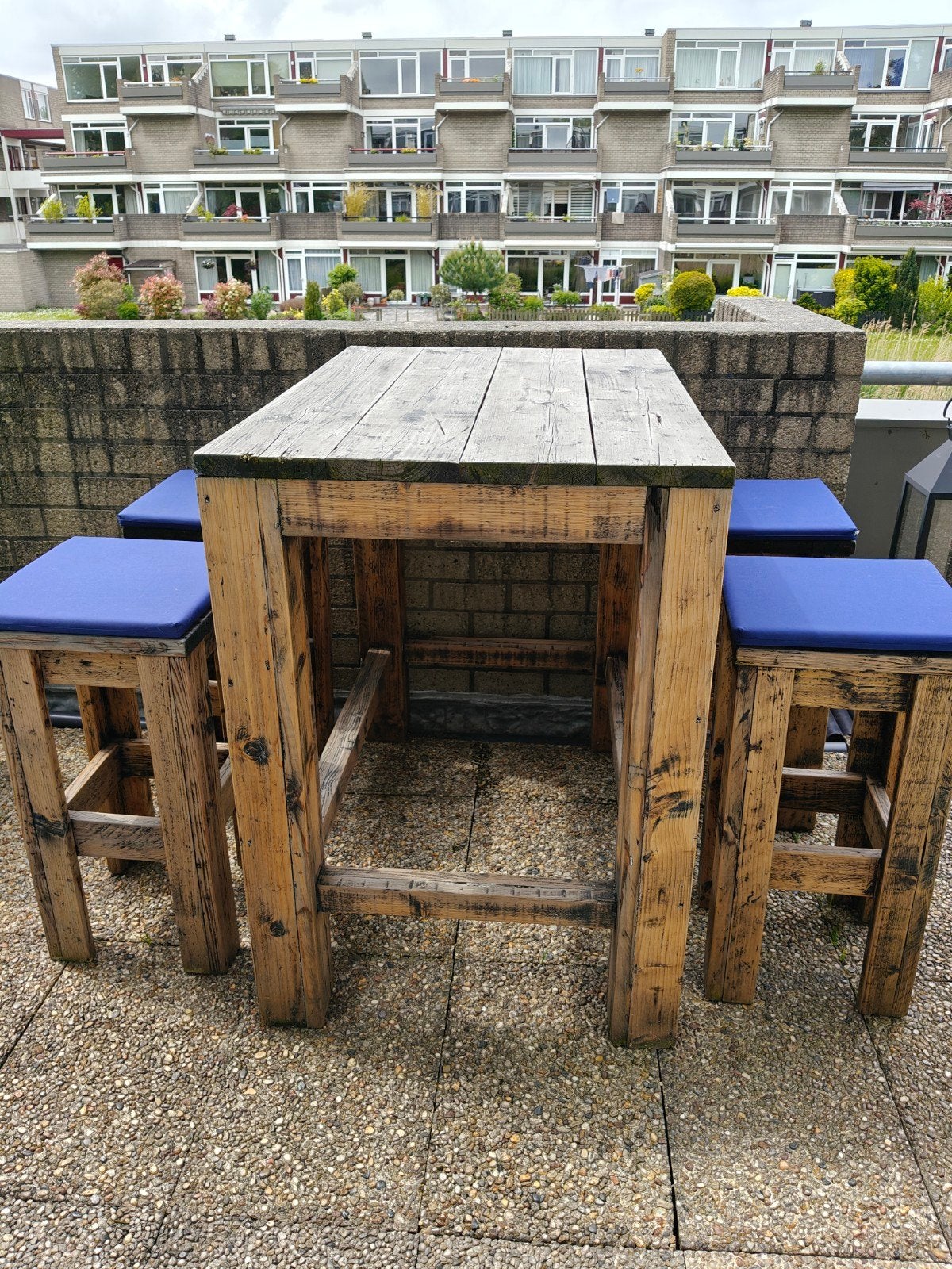 Steigerhouten bartafel met 4 krukken, Ophalen, 4 zitplaatsen, Gebruikt, Steigerhout