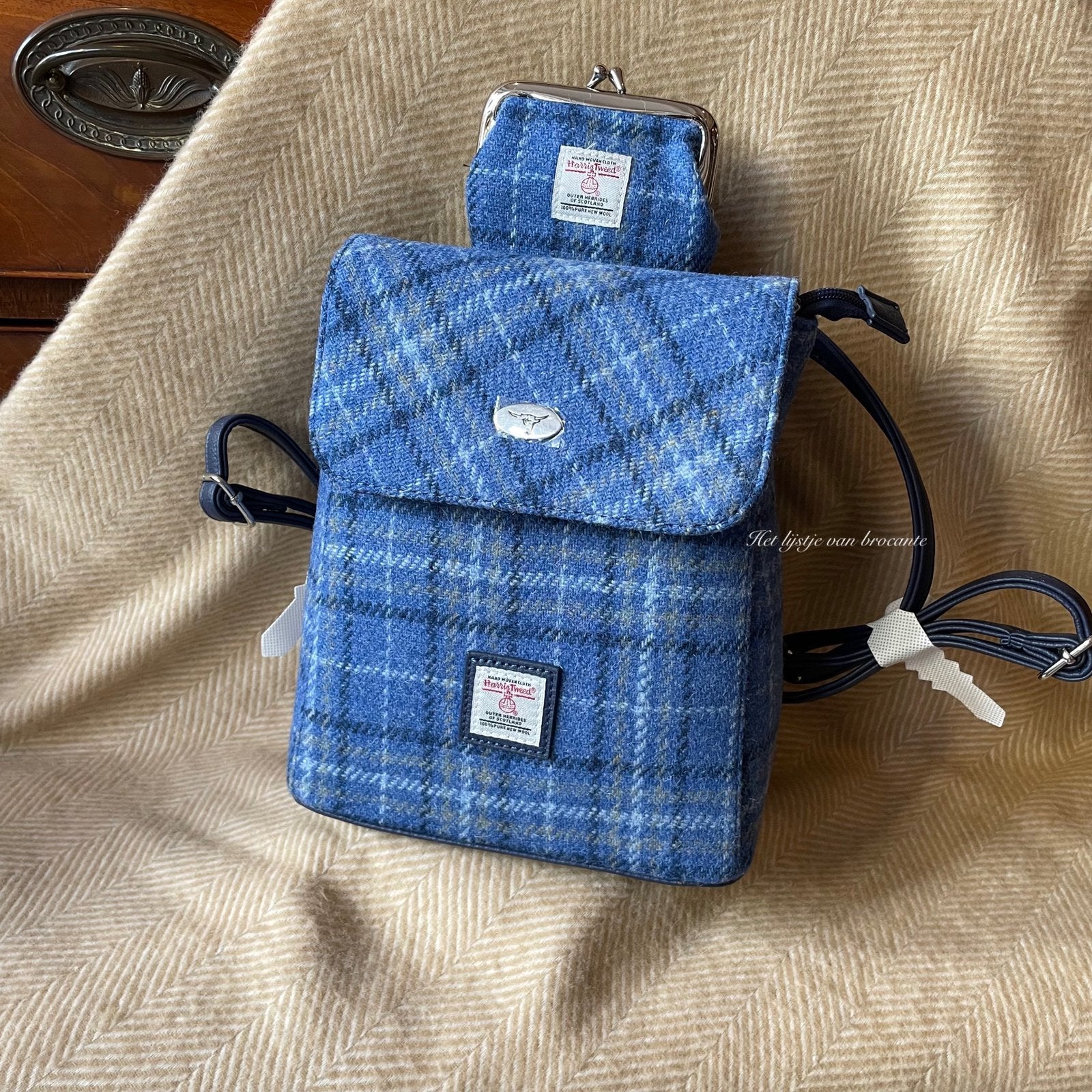 Schots Harris Tweed rugzakje met beursje, Westdijk 41 3241 GT Middelharnis, Blauw, Ophalen of Verzenden, Info@hetlijstjevanbroekkant.nl