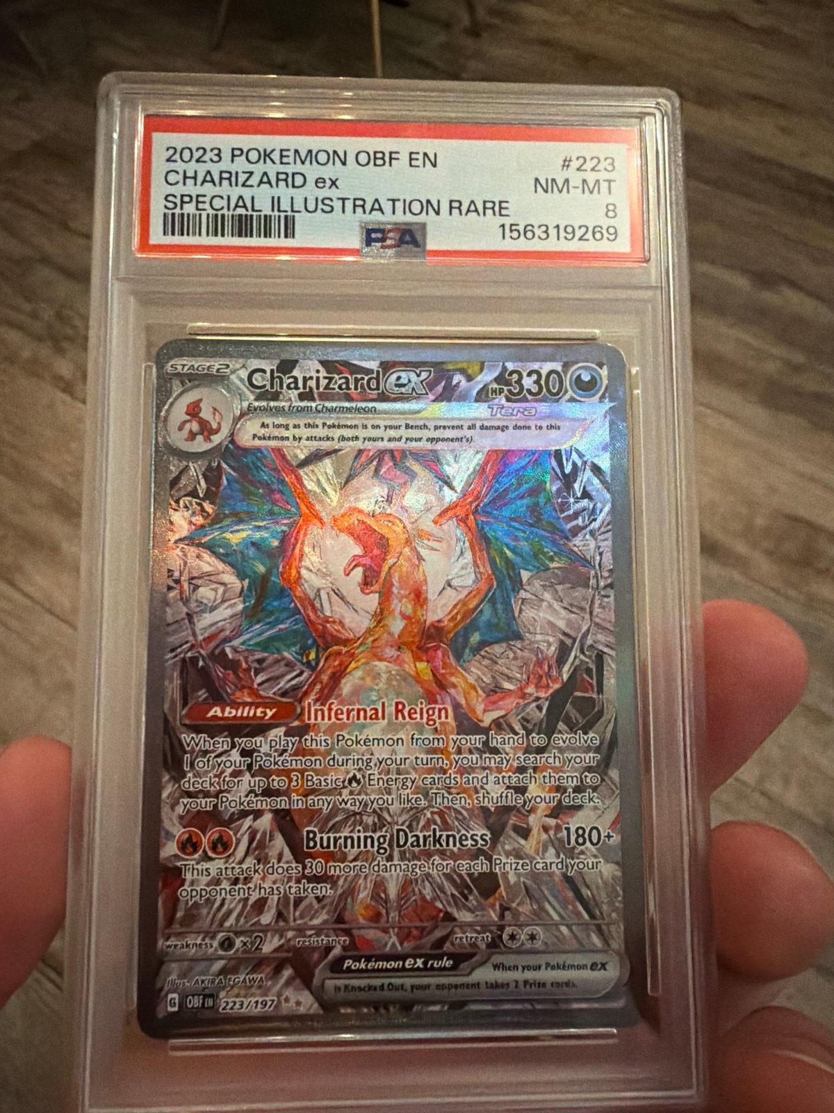 Pokémon TCG: Charizard ex (223/197) PSA 8, Ophalen of Verzenden, Zo goed als nieuw, Losse kaart