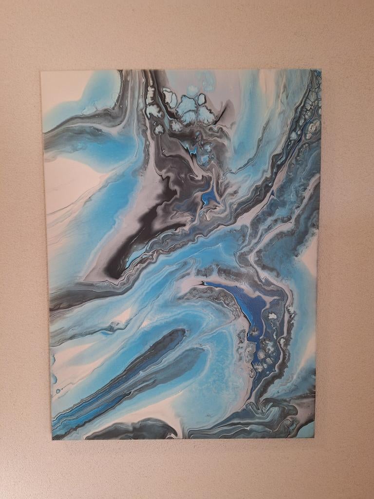 Abstract acrylverf schilderij blauw/grijs/wit 75x55x1,5cm, Ophalen