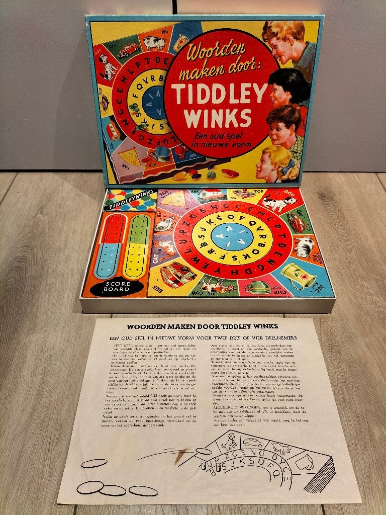 Woorden maken door Tiddley Winks - Vlooienspel - 1950, Een of twee spelers, Ophalen of Verzenden, Gebruikt