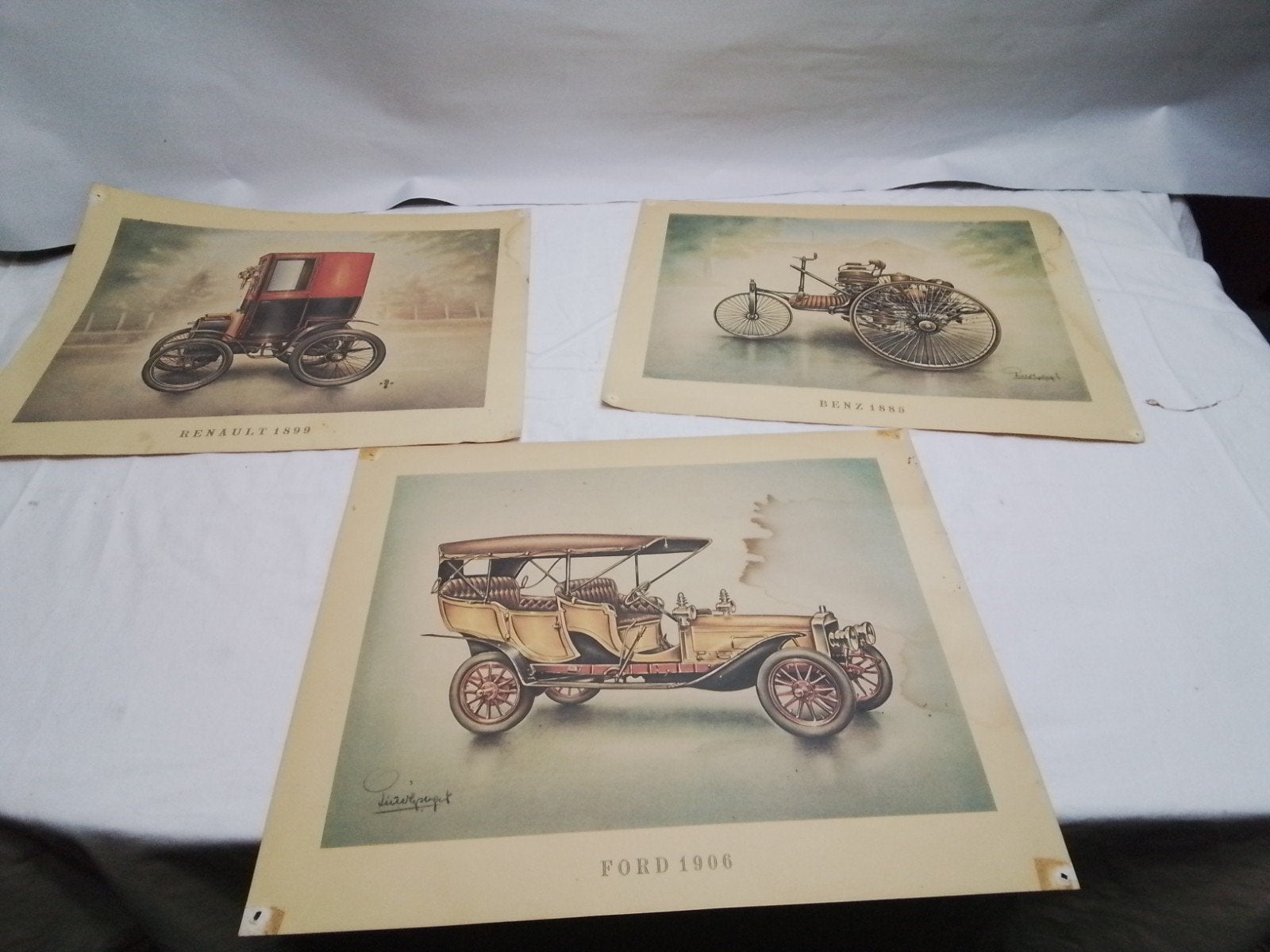 Set van 3 Vintage Autoprints: Ford, Renault, Benz, Antiek en Kunst, Kunst | Tekeningen en Foto's, Ophalen of Verzenden, Print