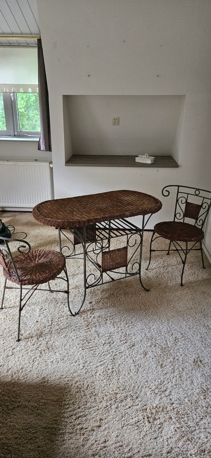 Bistro set: Tafel en 2 stoelen van metaal en rotan, Bistro, Gebruikt, Twee, Bruin