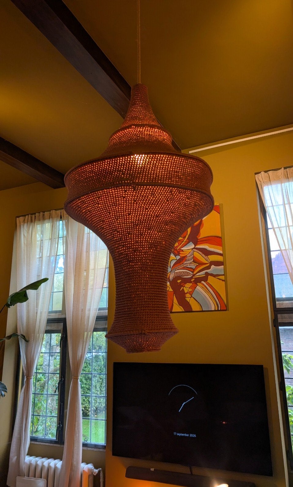 2 handgehaakte Hamimi design XL hanglampen (Malika), Ophalen, Zo goed als nieuw, Natuurlijk materiaal, E27 (groot)