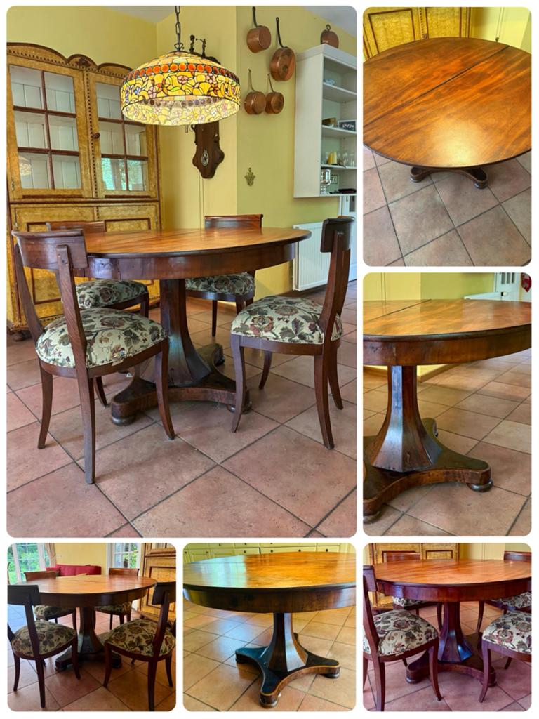 Mooie mahoniehouten Biedermeier eettafel met 4 stoelen, Ophalen