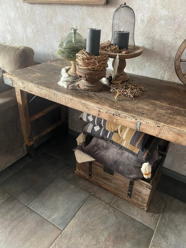 Rustieke houten sidetable/wandtafel, Huis en Inrichting, Gebruikt, Hoffz, 150 tot 200 cm, Vier personen