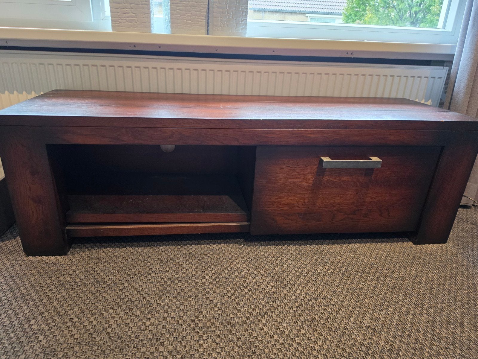 Massief houten tv meubel - 145 cm breed, Ophalen, Gebruikt, 100 tot 150 cm, Minder dan 100 cm