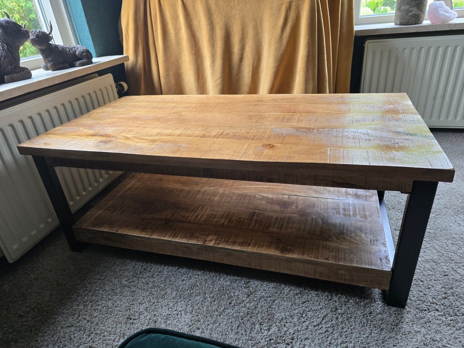 Koffietafel mangohout en metaal 120x60x46 cm, Gebruikt, 100 tot 150 cm, 50 tot 100 cm, Industrieel