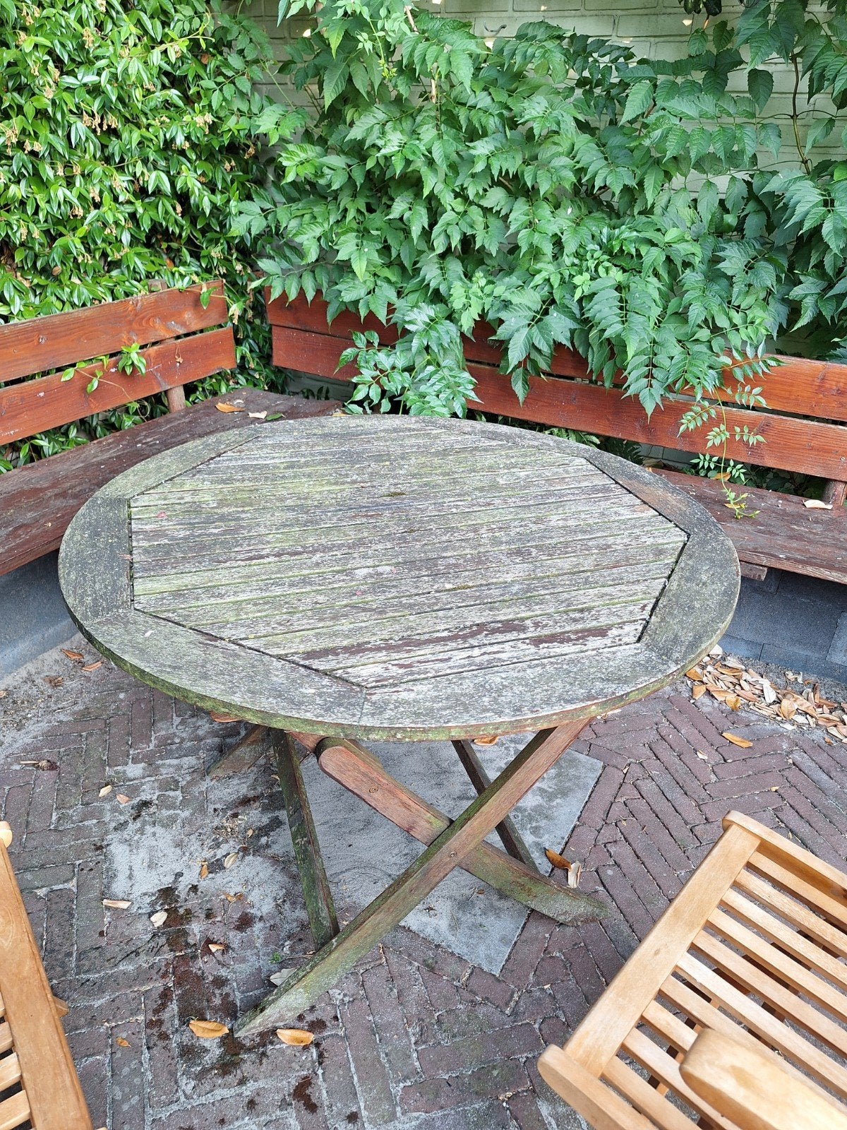 Ronde houten tuintafel, inklapbaar, intratuin, Tuin en Terras, Ophalen, Gebruikt, Rond, Hout