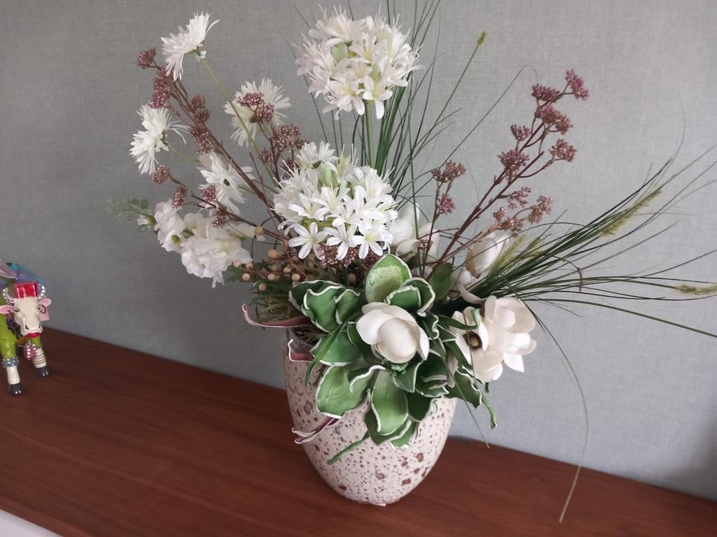 Grote bloempot met witte kunstbloemen, Ophalen, Zo goed als nieuw
